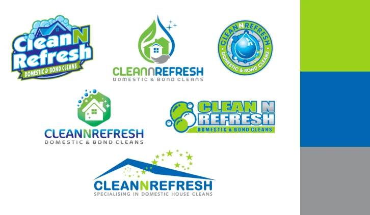 Clean N Refresh logo design concepts with green, blue and grey colour palette