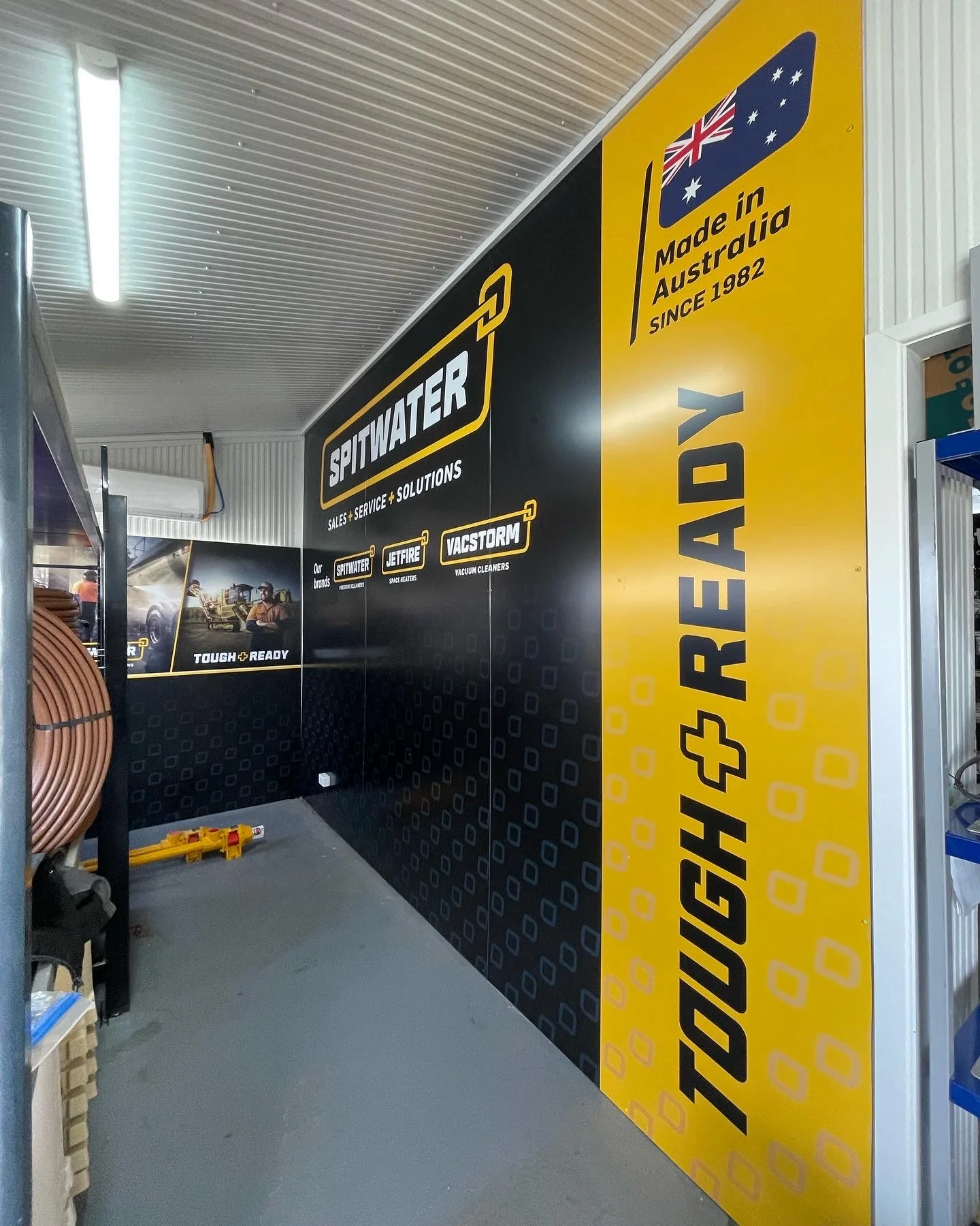 Spitwater Tough Ready wall graphics in the showroom