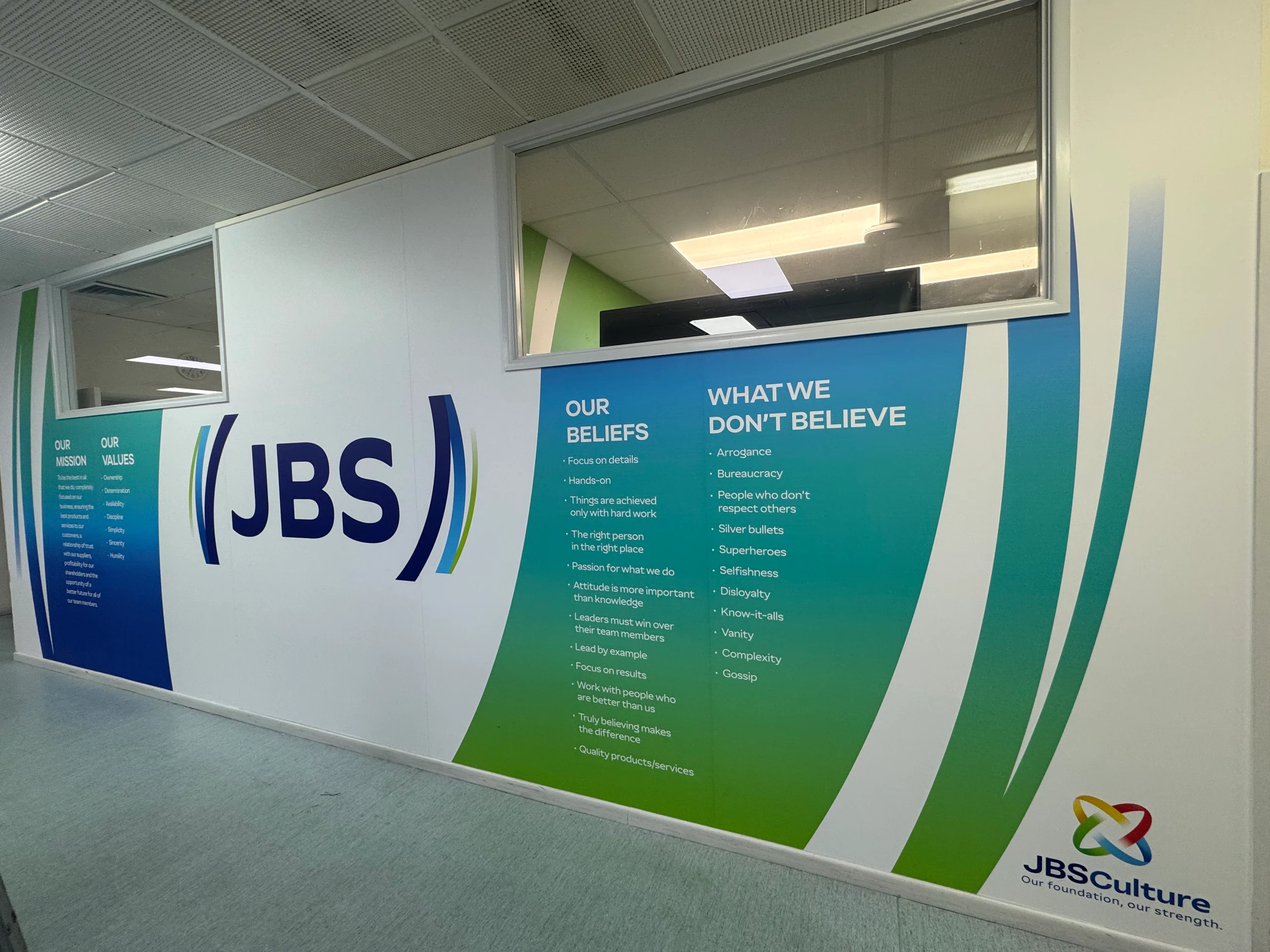 JBS culture wall with mission, values and beliefs at JBS Townsville QLD