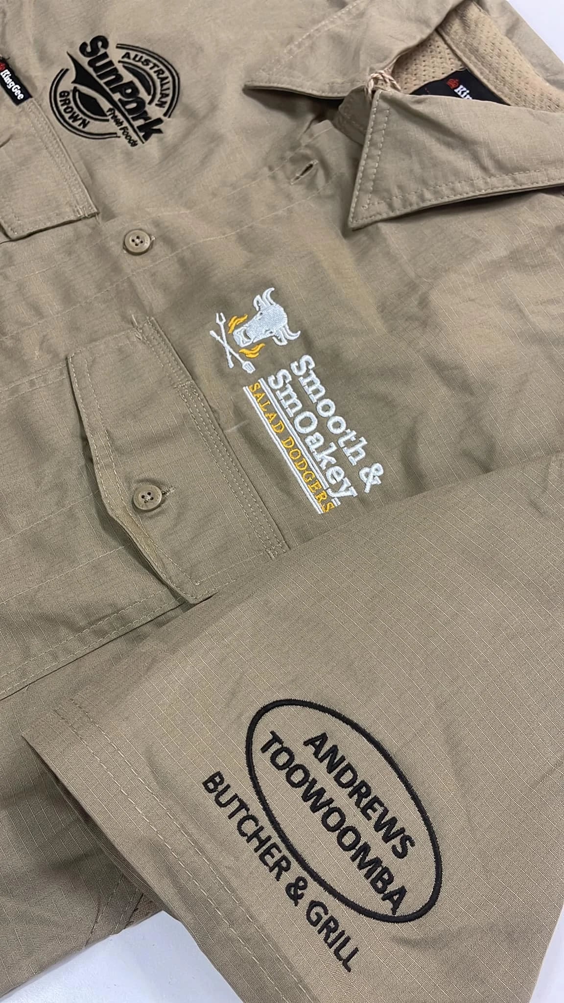 Embroidered khaki work shirts for a butcher