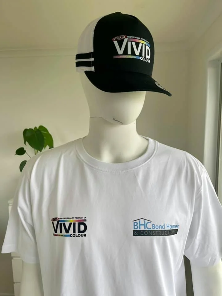 Vivid Colour printed tee and cap on a mannequin
